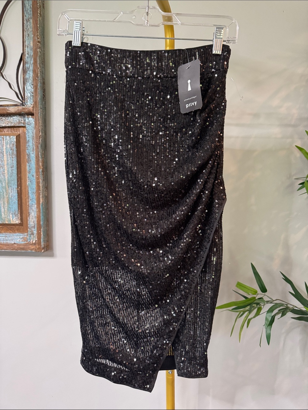 privy Black Sequin Midi Skirt NWT M